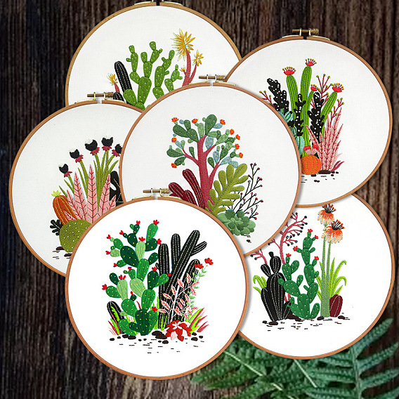 Kits de inicio de bordado diy con patrón de cactus, incluyendo tela e hilo de bordado, aguja, hoja de instrucciones