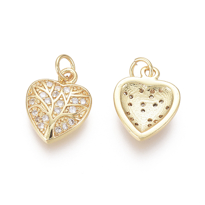 Golden Plated Brass Charms, with Cubic Zirconia and Jump Rings, Heart with Tree of Life