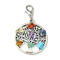 Tibetan Style Alloy Pendant Decorations, with Natural Chakra Mixed Gemstone Chips and Lobster Claw Clasps, Flat Round with Tree of Life