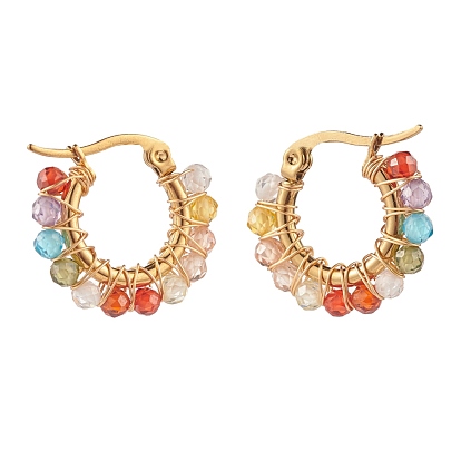 Boucles d'oreilles créoles tressées perles rondes zircone cubique, wire wrap 304 bijoux en acier inoxydable pour femmes, or