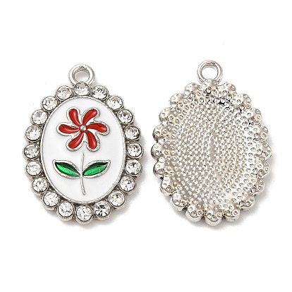 Alloy Enamel Pendants, with Rhinestone, Oval with Flower Charm