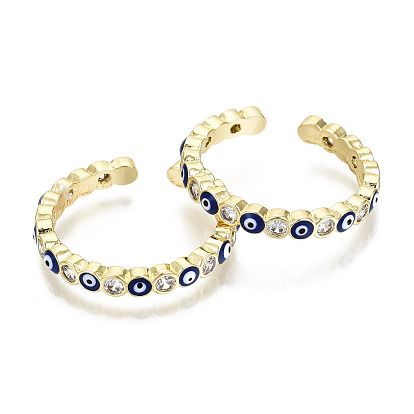 Latón micro pavé claro anillos de brazalete de circonio cúbico, anillos abiertos, con esmalte, sin níquel, mal de ojo, real 16 k chapado en oro