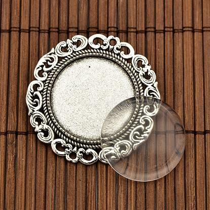 25mm Transparent Glass Cabochons and Flat Round Tibetan Style Brooch Cabochon Settings, Cadmium Free & Nickel Free & Lead Free, Cabochon Settings: 39mm, Tray: 25mm, Pin: 0.8mm