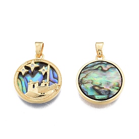 Synthetic Abalone Shell/Paua Shell Pendants, with Brass Pave Clear Cubic Zirconia Findings, Flat Round Charm with Star