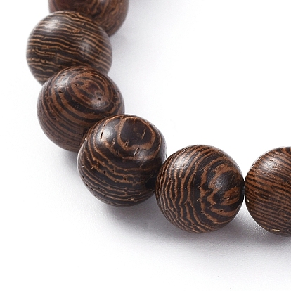 Unisex Wood Beads Stretch Charm Bracelets, with 304 Stainless Steel Beads and Tibetan Style Alloy Pendants, Flat Round with Tree