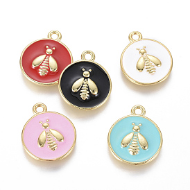 Golden Plated Brass Enamel Pendants, Flat Round with Bee