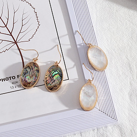 Chic Geometric Abalone and White Shell Carved Elliptical Earrings