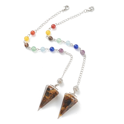 Chakra bijoux, Pendules de radiesthésie pointus hexagonaux en résine, avec des perles de pierres précieuses mélangées naturelles à l'intérieur et des embouts en laiton plaqué platine, facette, cône / pic / pendule