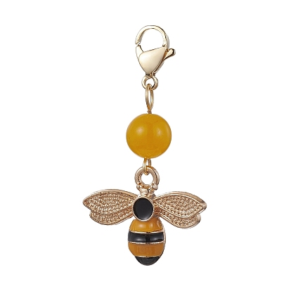 Décorations de pendentif en émail en alliage d'abeille, de nid d'abeille et de fleur, Perles de jade naturelles de Malaisie et breloques à fermoirs à pince de homard
