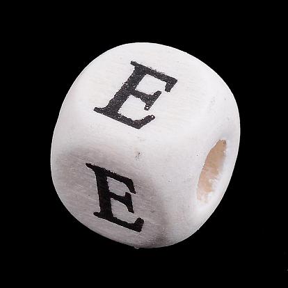 Natural Wood Beads, Horizontal Hole, Cube with Letter, Creamy White