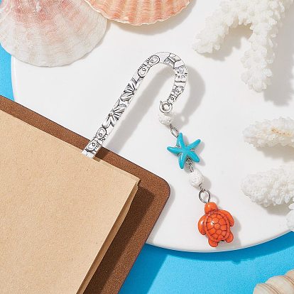 Synthetic Turquoise Tortoise Starfish Pendant Bookmarks with Natural Lava Rock, Tibetan Style Alloy Hook Bookmarks