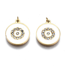 316 Surgical Stainless Steel Enamel Charms, with Jump Rings and Crystal Rhinestone, Real 14K Gold Plated, Flat Round