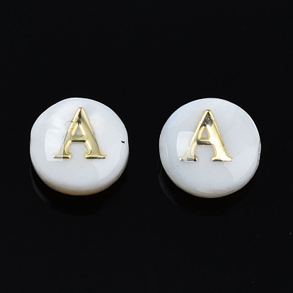 Natural Freshwater Shell Beads, with Golden Plated Brass Etched Metal Embellishments, Horizontal Hole, Flat Round with Letter, Seashell Color