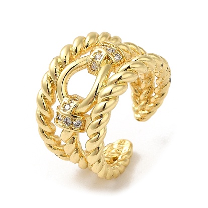Rack Plating Real 18K Gold Plated Brass Hollow Open Cuff Rings, with Cubic Zirconia, Long-Lasting Plated, Lead Free & Cadmium Free