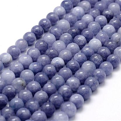 Brins de pierres d'aquamarine à jade blanc naturel, ronde, teint, support violet