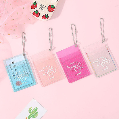 2-Pocket Plastic Glitter Photocard Sleeve Keychain, with Ball Chains, Rectangle with Unicorn Pattern