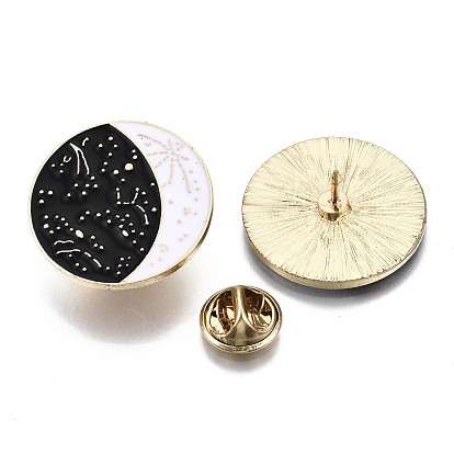 Alloy Brooches, Enamel Pin, with Brass Butterfly Clutches, Flat Round with Moon, Light Gold