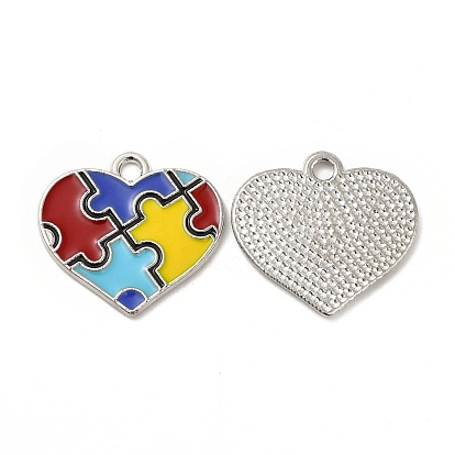 Alloy Enamel Pendants, Heart with Autism Puzzle Pattern Charm