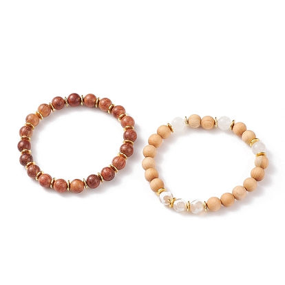 2Pcs 2 Style Mala Bead Bracelets Set, Natural Quartz Crystal & Wood & Synthetic Hematite Dzi Beads Stretch Bracelets for Women