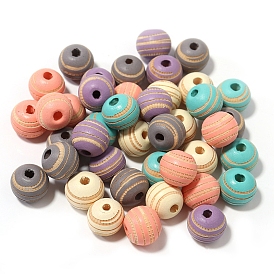 30Pcs Spray Painted Wood Beads, for DIY Craft, Jewelry Making, Round with Engraved Pattern, Stripe/Floral Pattern, Mixed Color