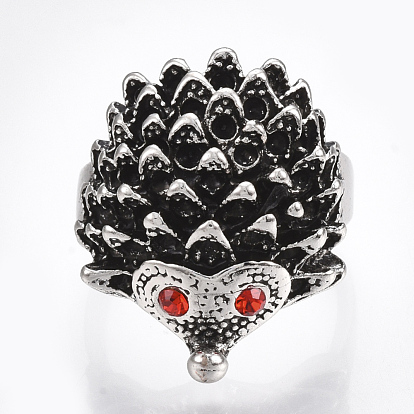 Alloy Cuff Finger Rings, with Rhinestone, Wide Band Rings, Hedgehog
