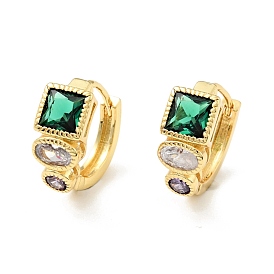 Green Cubic Zirconia Square Hoop Earrings, Rack Plating Brass Jewelry for Women, Cadmium Free & Nickel Free & Lead Free