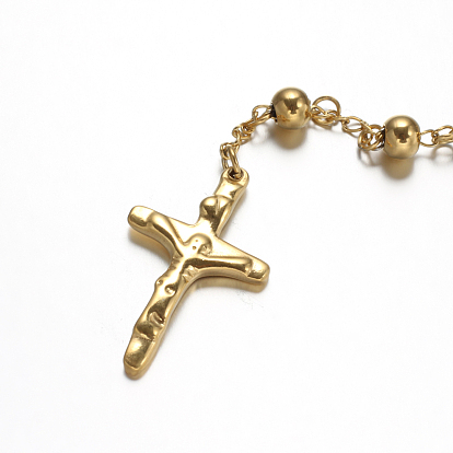 Two Tone 304 Stainless Steel Rosary Bead Necklaces, with Crucifix Cross and Oval Pendant, For Easter