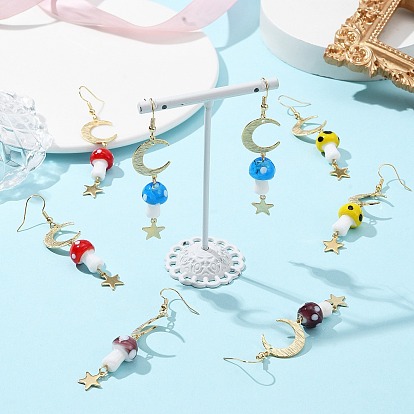 4 paires 4 couleurs boucles d'oreilles pendantes en forme de champignon, longues boucles d'oreilles pendantes en laiton lune et étoile