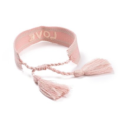 Bracelet tressé en polycoton (coton polyester) word love avec breloque pompon, bracelet large réglable plat pour couple