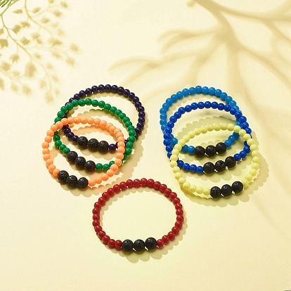 7 pcs 7 couleurs acrylique et roche de lave naturelle ensembles de bracelets extensibles perlés ronds, bijoux de pierres précieuses d'huile essentielle pour les femmes