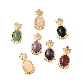 Fox Natural Gemstone Pendants, with Ion Plating(IP) Golden Tone 304 Stainless Steel Findings, Oval Charm