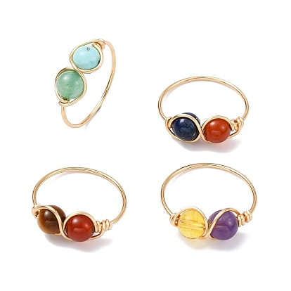 4Pcs 4 Style Natural & Synthetic Mixed Gemstone Round Beaded Finger Rings Set, Brass Wire Finger Rings
