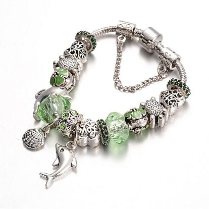 Océano aleación tema de diamantes de imitación de perlas pulseras europeas, con cuentas de vidrio y cadena de latón, 180 mm