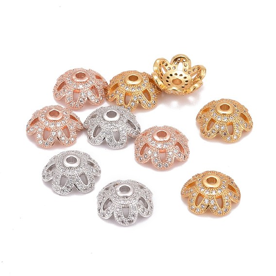 Eco-Friendly 6-Petal Flower Brass Micro Pave Cubic Zirconia Bead Caps, Lead Free & Nickel Free, 11x4mm, Hole: 2mm