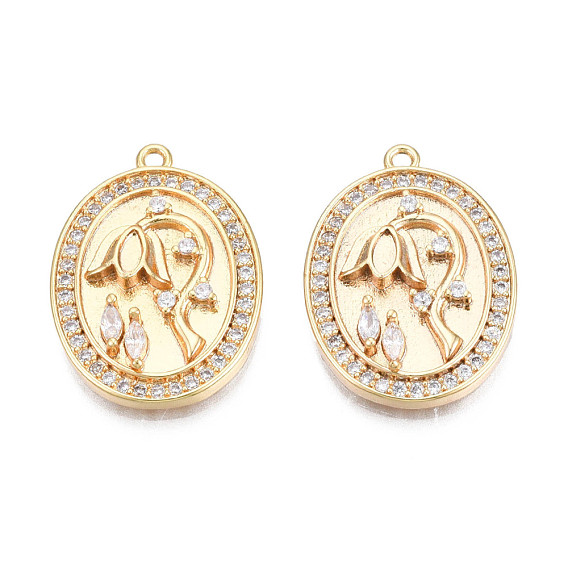 Brass Micro Pave Cubic Zirconia Pendants, Real 18K Gold Plated, Oval with Flower, Cadmium Free & Nickel Free & Lead Free