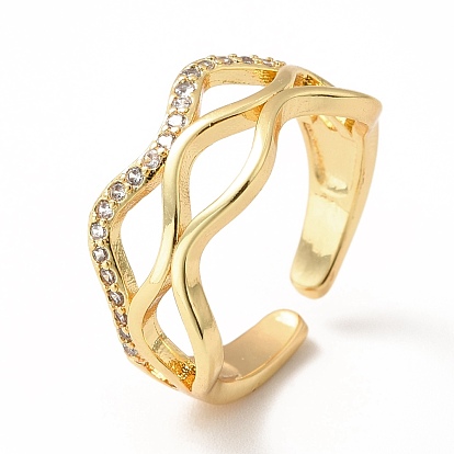 Anillo abierto con ondas y circonitas cúbicas, joyas de latón chapado en oro real 18k para mujer, sin plomo y el cadmio