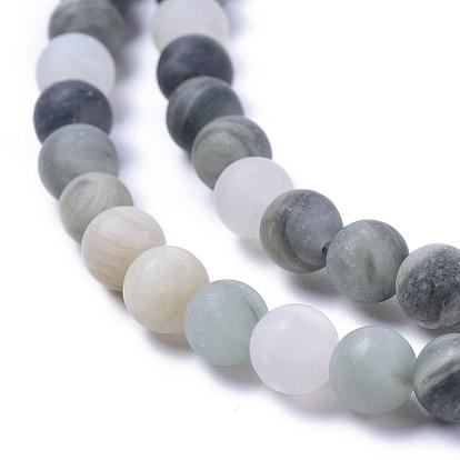 Natural Green Rutilated Quartz Beads Strands, Frosted, Round