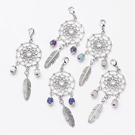 Alloy Feather Pendants, with Gemstone Beads and Lobster Claw Clasps