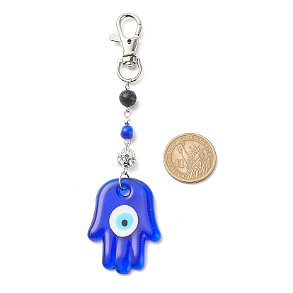 Handmade Lampwork Evil Eye Pendant Decoration, Natural Lava Rock Round Bead & Lobster Clasp Charms, for Keychain, Purse, Backpack Ornament