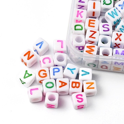 100Pcs Acrylic Beads, Horizontal Hole, Cube with Mixed Color Letter