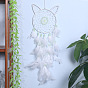 Luminous Cat Head Woven Net/Web with Feather Wall Hanging Decoration, Glow in the Dark Wind Chime, with Iron Rings, for Home Offices Ornament