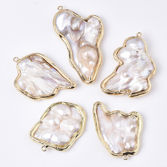 Natural Baroque Pearl Keshi Pearl, Cultured Freshwater Pearl Big Pendants, with Brass Loops, Nuggets, Edge Golden Plated