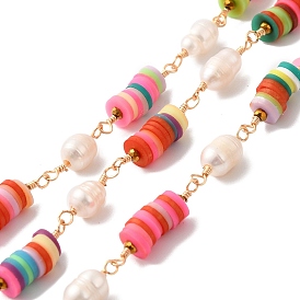 Cadenas de perlas naturales, cadenas de eslabones de arcilla polimérica heishi, con fornituras de latón de tono de oro, con carrete, sin plomo y cadmio