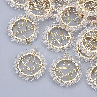 Pendentifs en verre, pendentifs enroulés de fil, avec de vrais fils en laiton plaqué or 18 k et des anneaux de liaison, sans nickel, étoiles