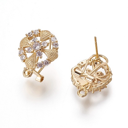 Brass Micro Pave Cubic Zirconia Stud Earring Findings, with Loop, Flat Round with Flower