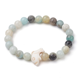 Perles de dauphin turquoise synthétiques avec pierres précieuses/bracelets extensibles en perles de bois