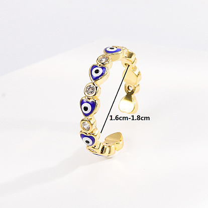 Brass Micro Pave Cubic Zirconia Open Cuff Rings with Enamel, Heart with Evil Eye