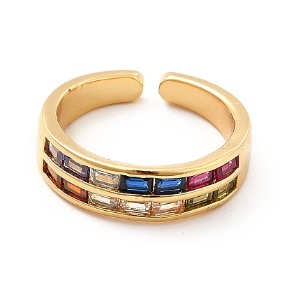 Colorful Cubic Zirconia Rectangle Open Cuff Ring, Brass Jewelry for Women