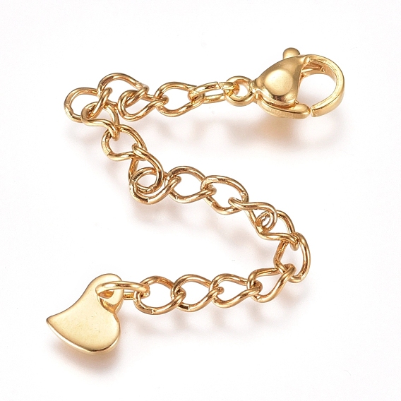 304 Stainless Steel Chain Extender, with Lobster Claw Clasps and Charms, Heart
