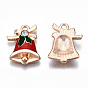 Alloy Enamel Pendants, with Rhinestone, Christmas, Cadmium Free & Lead Free, Christmas Bell, Light Gold